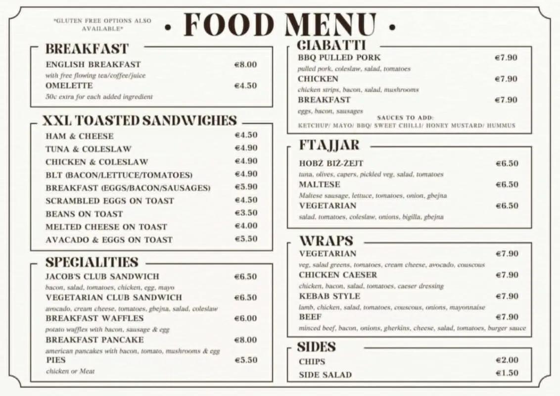 Jacob's Brew menu board, page 1